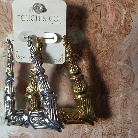 Statement Metal Bamboo Rectangular Hoop Ear Rings - Picture 7 of 8